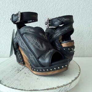 Black Studded Leather Wedge Sandals with Ankle Strap